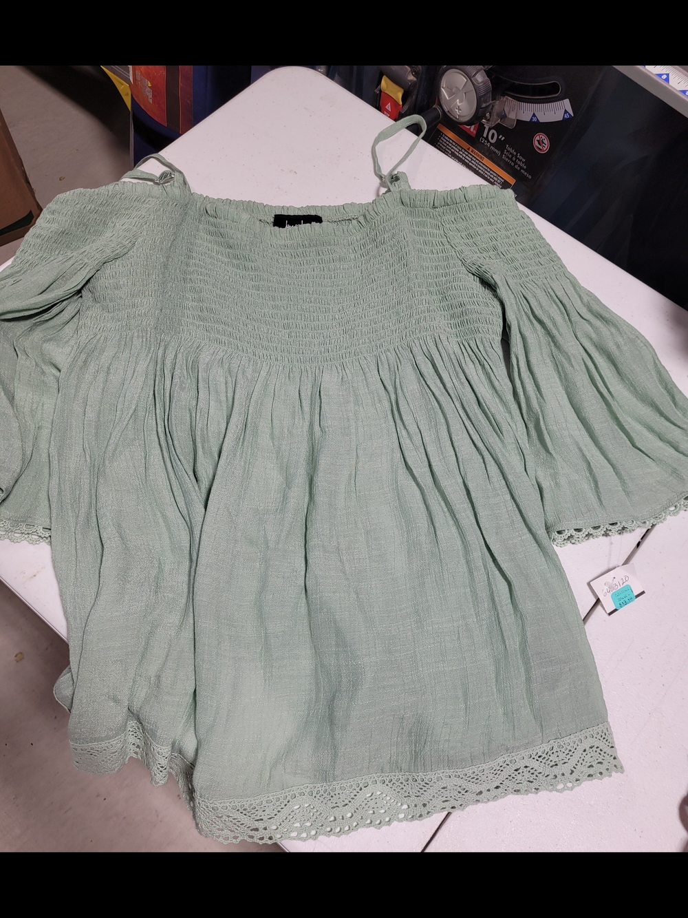 by & by Sage Green Off-Shoulder Smocked Blouse with Lace Hem - Picture 1 of 3